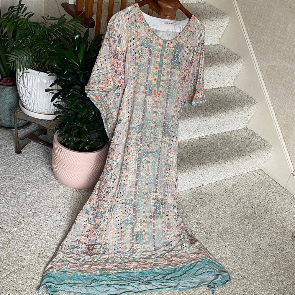 Kashkha Silk Bohemian Light Floral Print Caftan Dress in Mint & Coral
